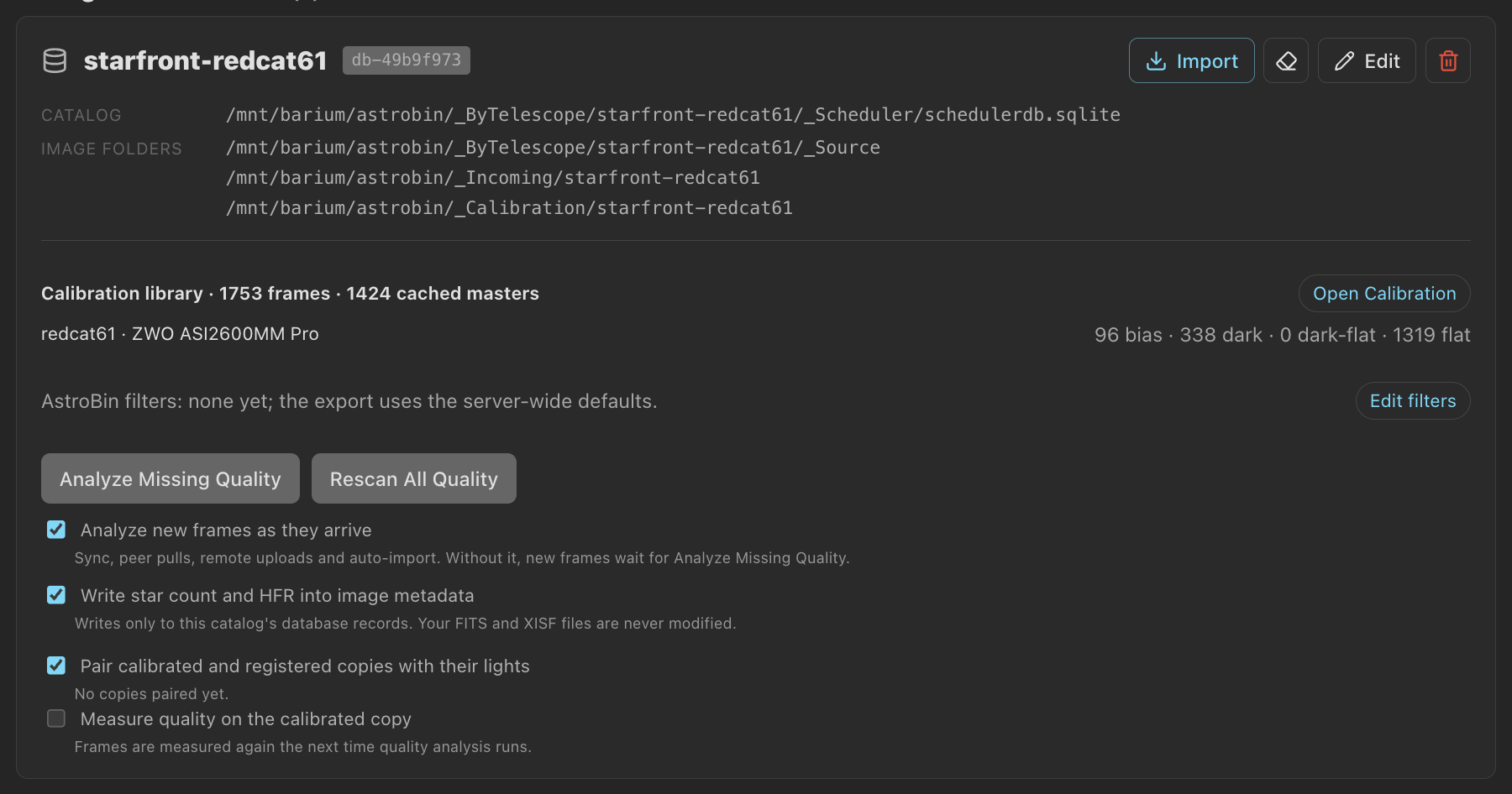 Each database has its own image folders, calibration library and analysis options.