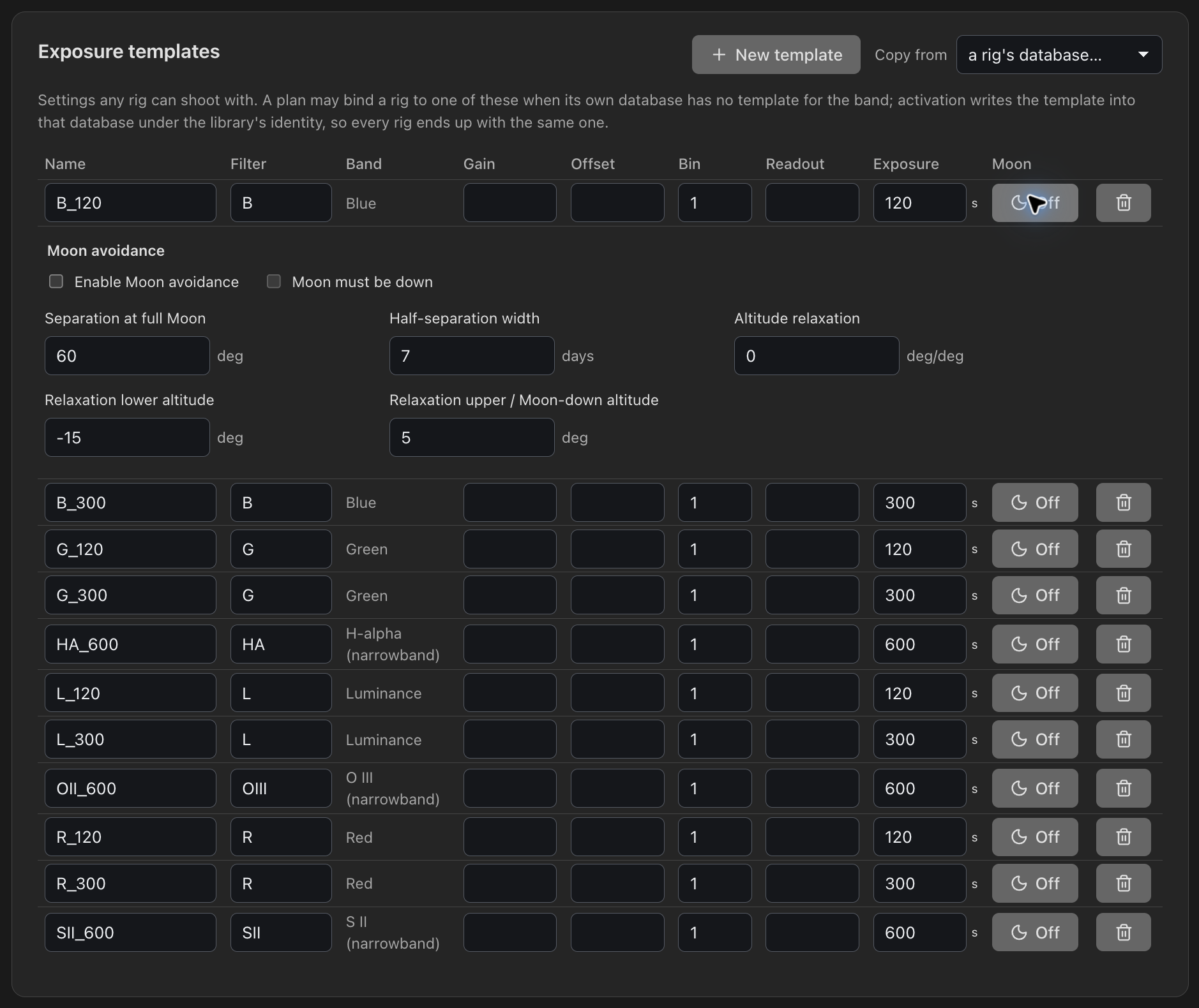 Shared exposure templates include optional Moon-avoidance rules.
