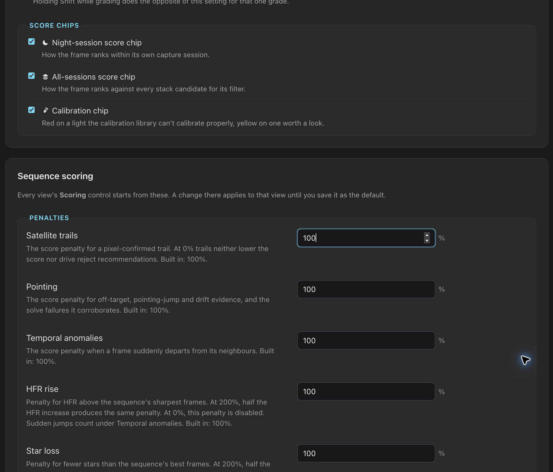 Adjust Sequence scoring defaults and optional HFR and star-count limits.