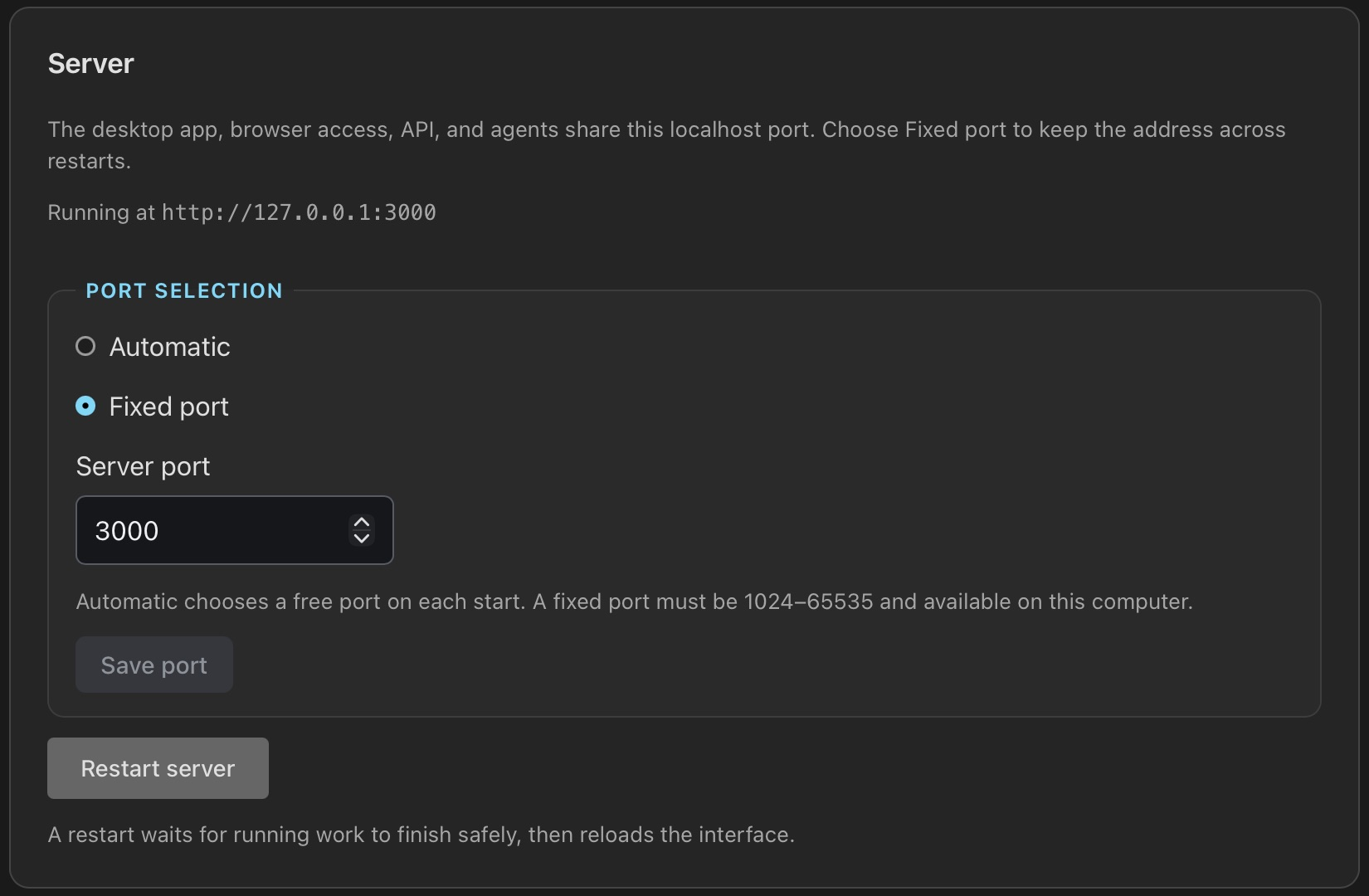 Native desktop Server settings showing Fixed port selected, server port 3000 and Restart server.