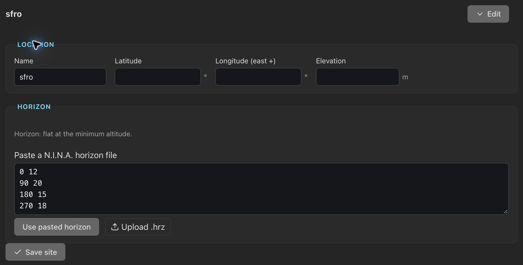 A site can use a pasted horizon. This example has no coordinates and was not saved.