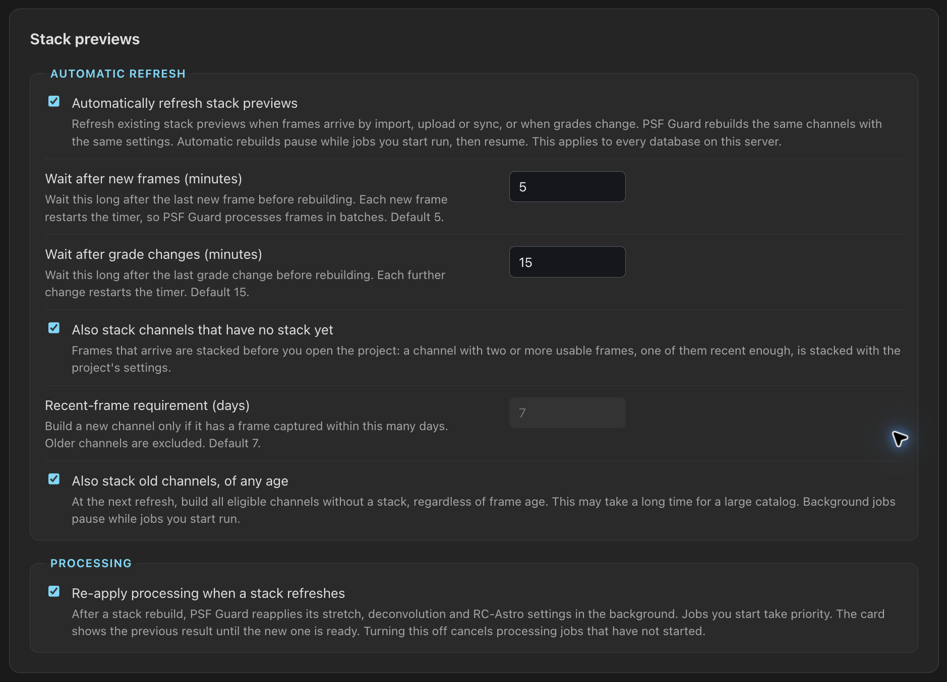 Choose when to refresh stack previews and whether to reapply their processing.