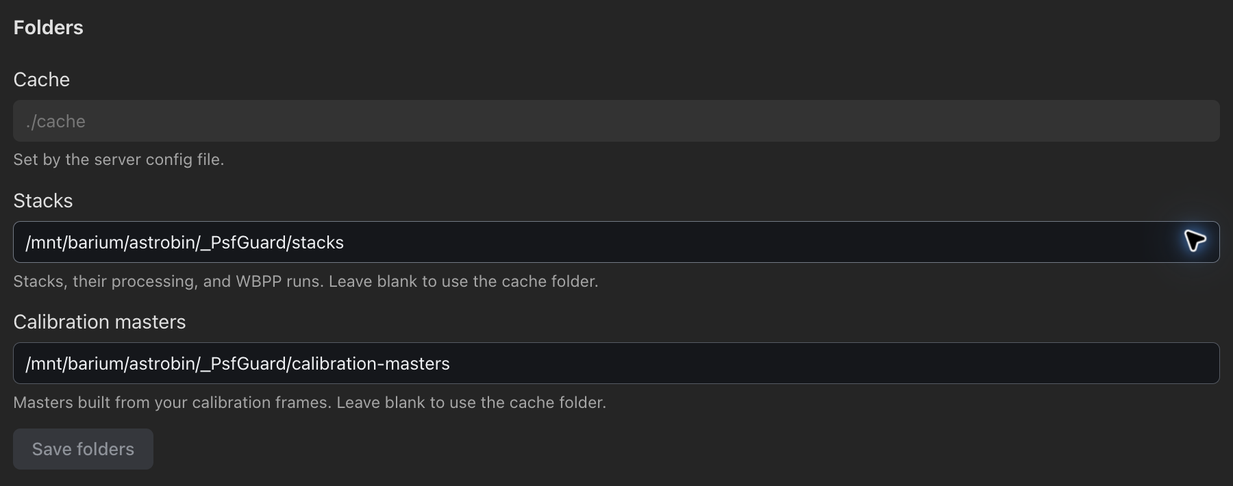 The cache, stacks and calibration masters can use separate folders.