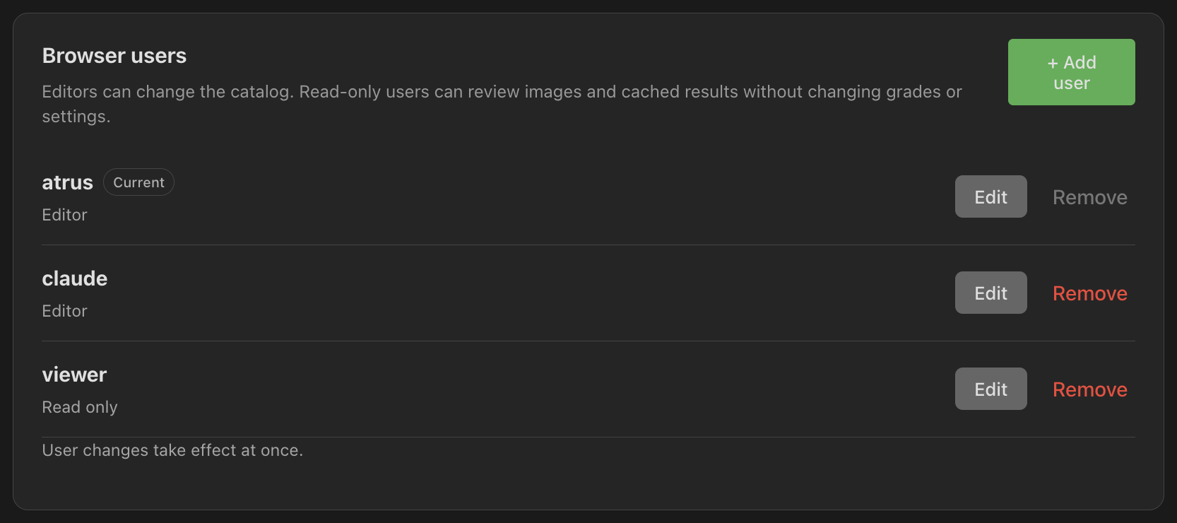 Editors can change the catalog; read-only users can review images and cached results.