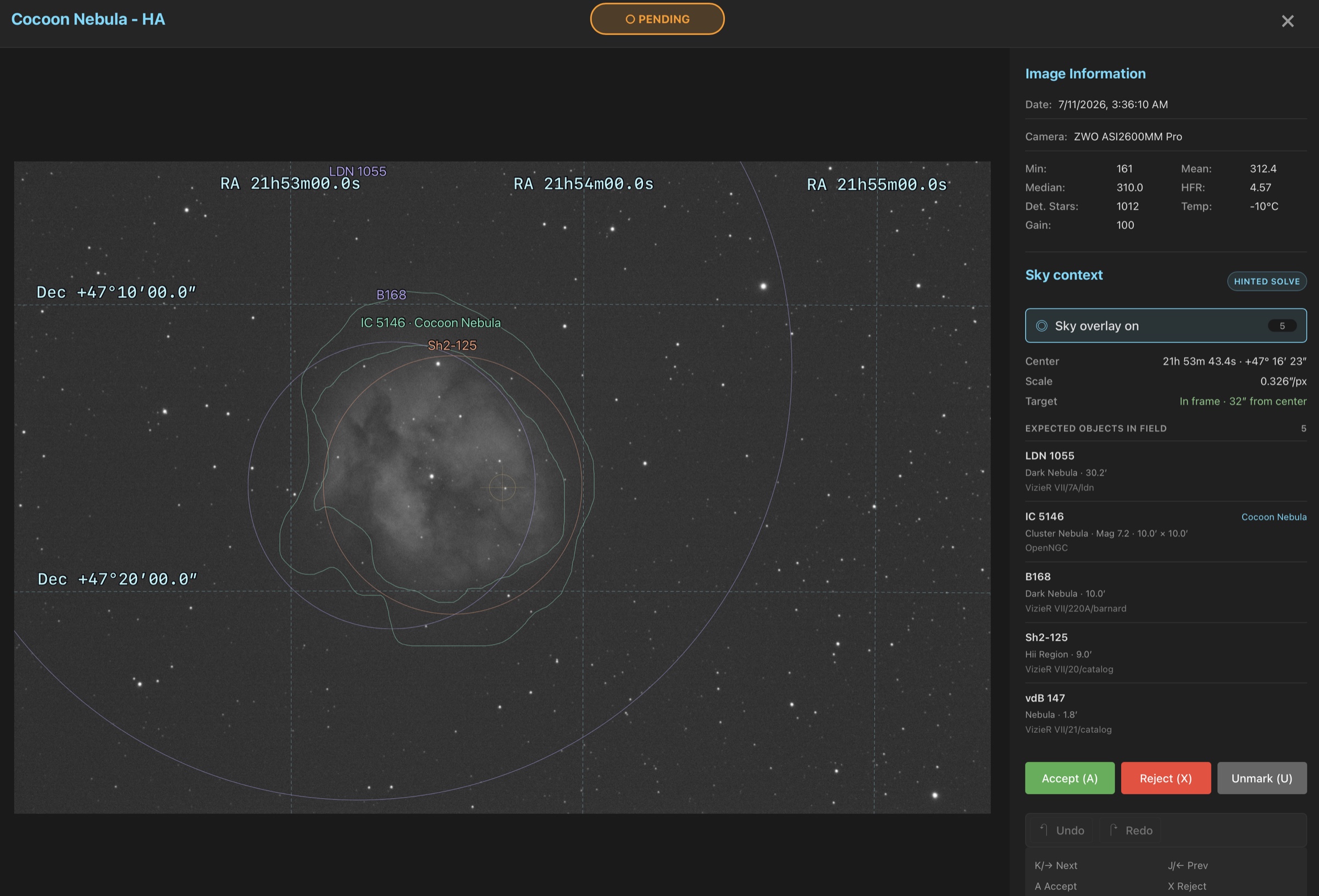 A Seiza-solved Cocoon Nebula frame with coordinate grid, catalog labels, object outlines, and the Sky context panel