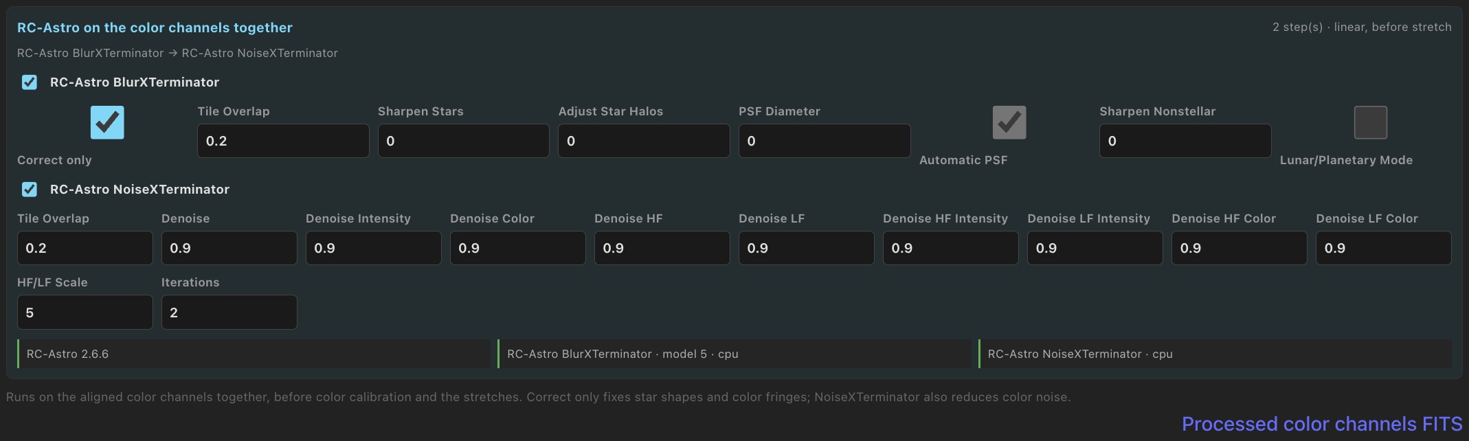 Combined-color RC-Astro controls with BlurXTerminator in Correct only mode and NoiseXTerminator enabled
