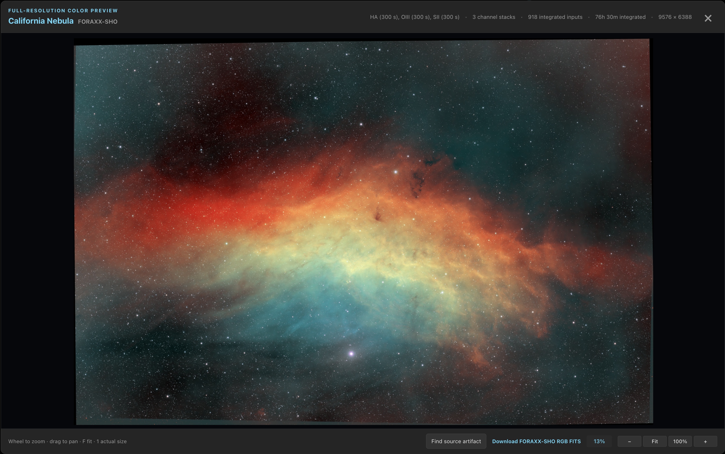 Foraxx SHO color preview of the California Nebula from 918 inputs and 76 hours 30 minutes of integration