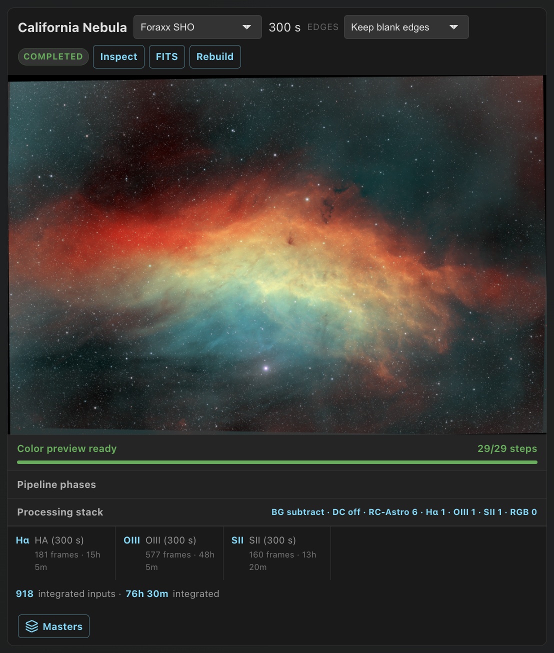 California Nebula Foraxx SHO card with palette and edges controls, preview, and 918 channel inputs totaling 76 hours 30 minutes