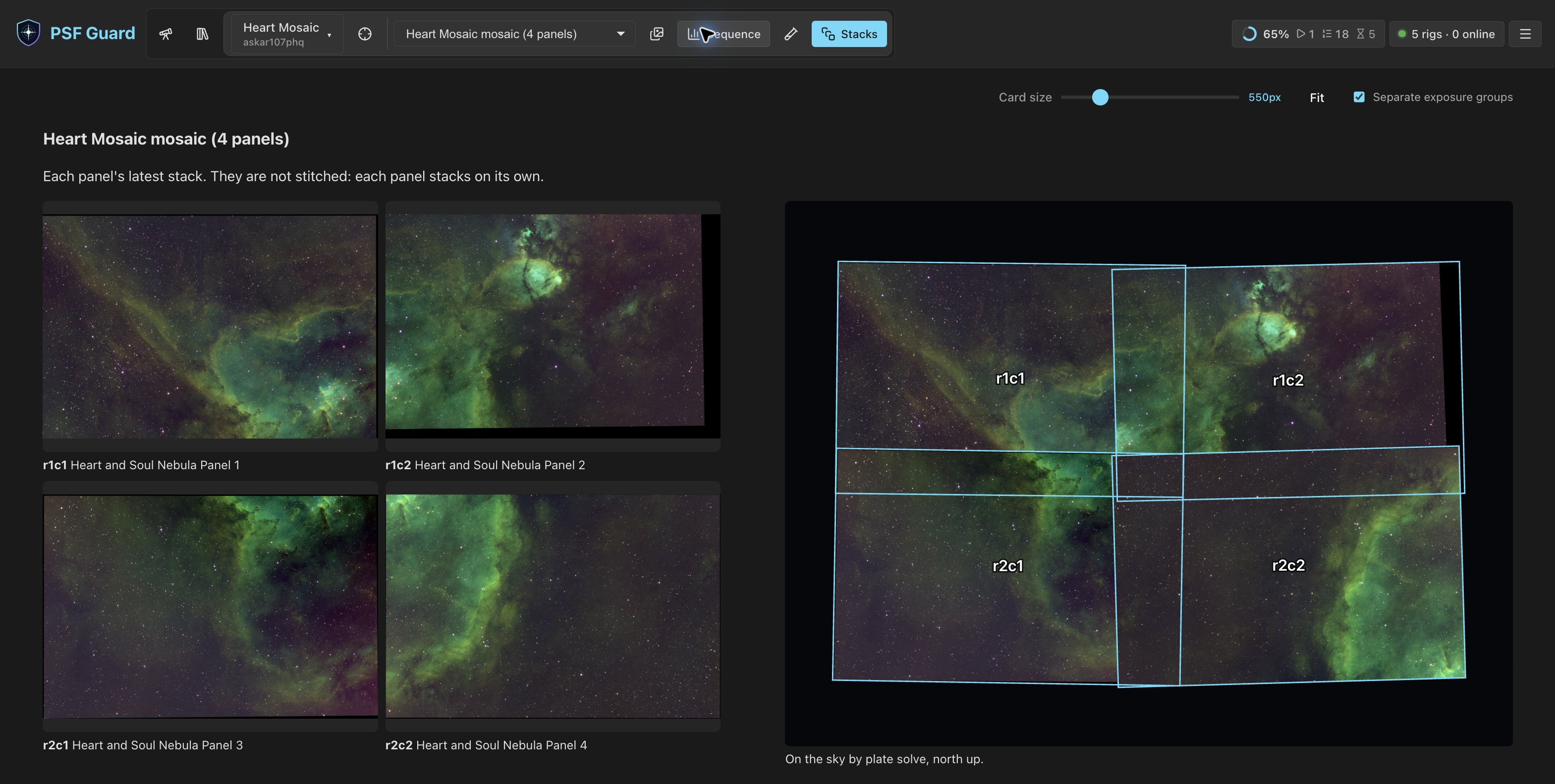 Compare the four SHO panel stacks with their solved, north-up placement.