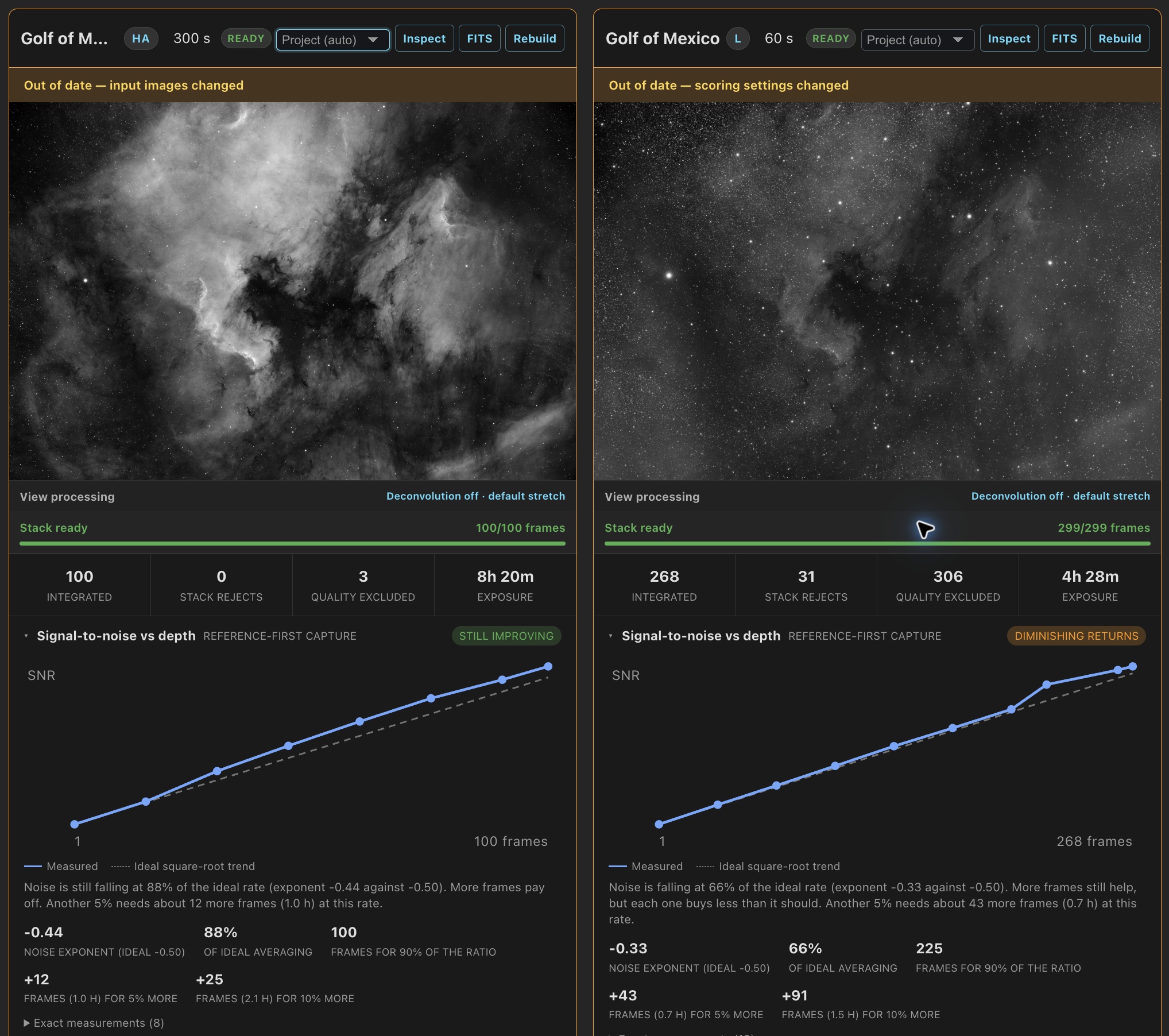 Cached H-alpha and luminance stacks show exposure time and SNR history. Both previews are marked out of date here.
