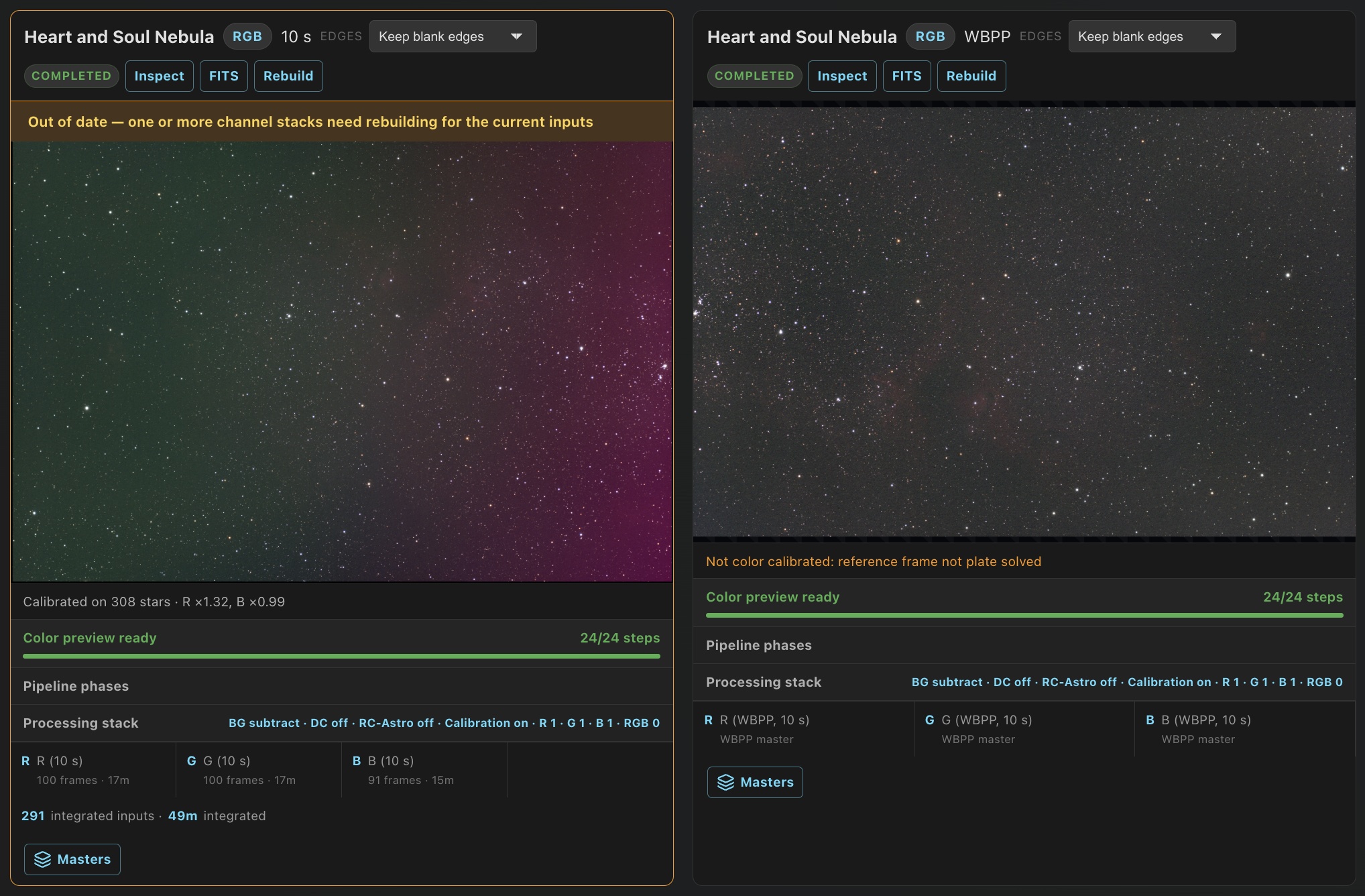 WBPP RGB masters in their own color card beside PSF Guard's RGB stacks of the Heart and Soul Nebula