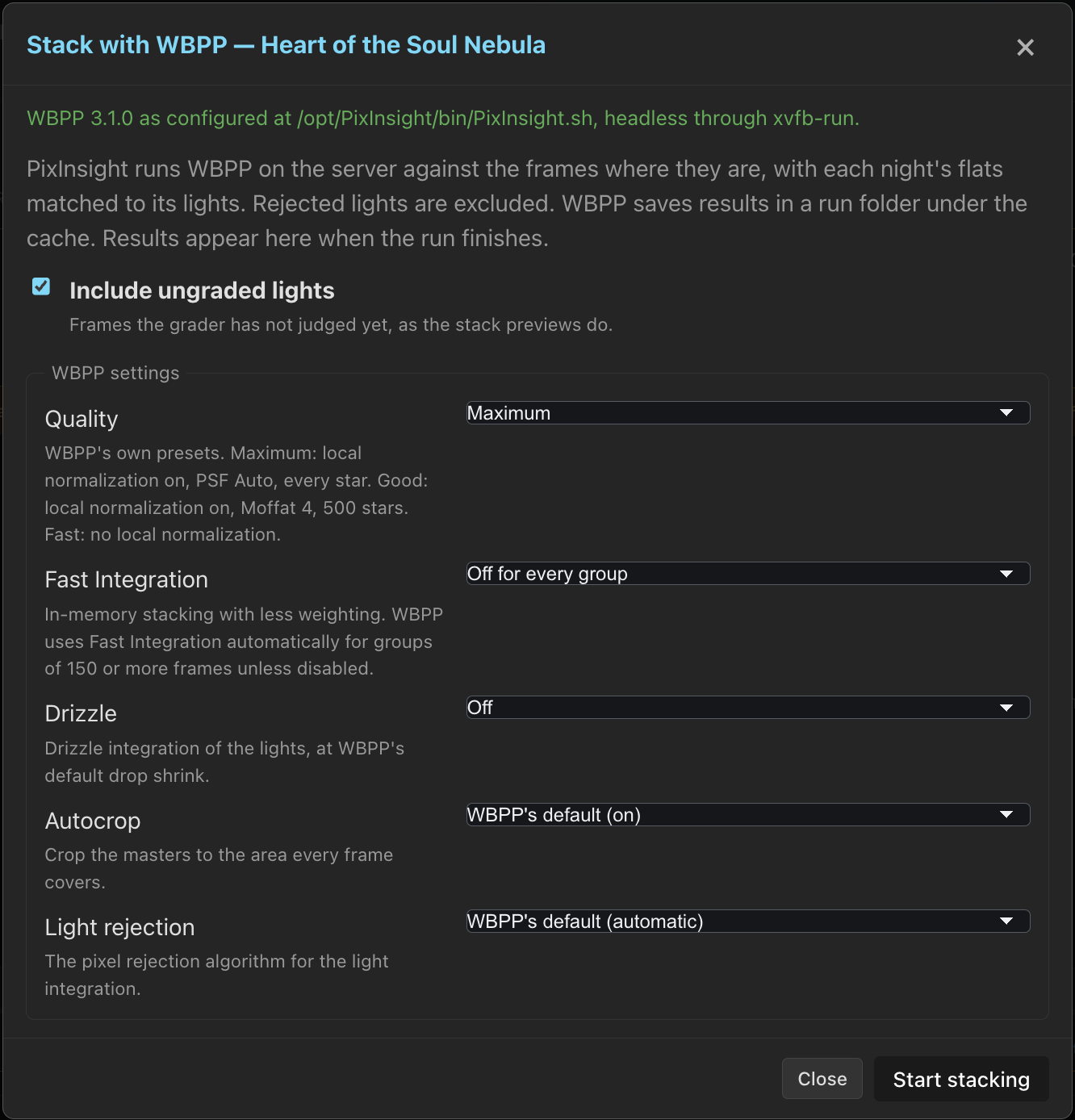 Review WBPP's quality, integration and rejection choices before starting the run.